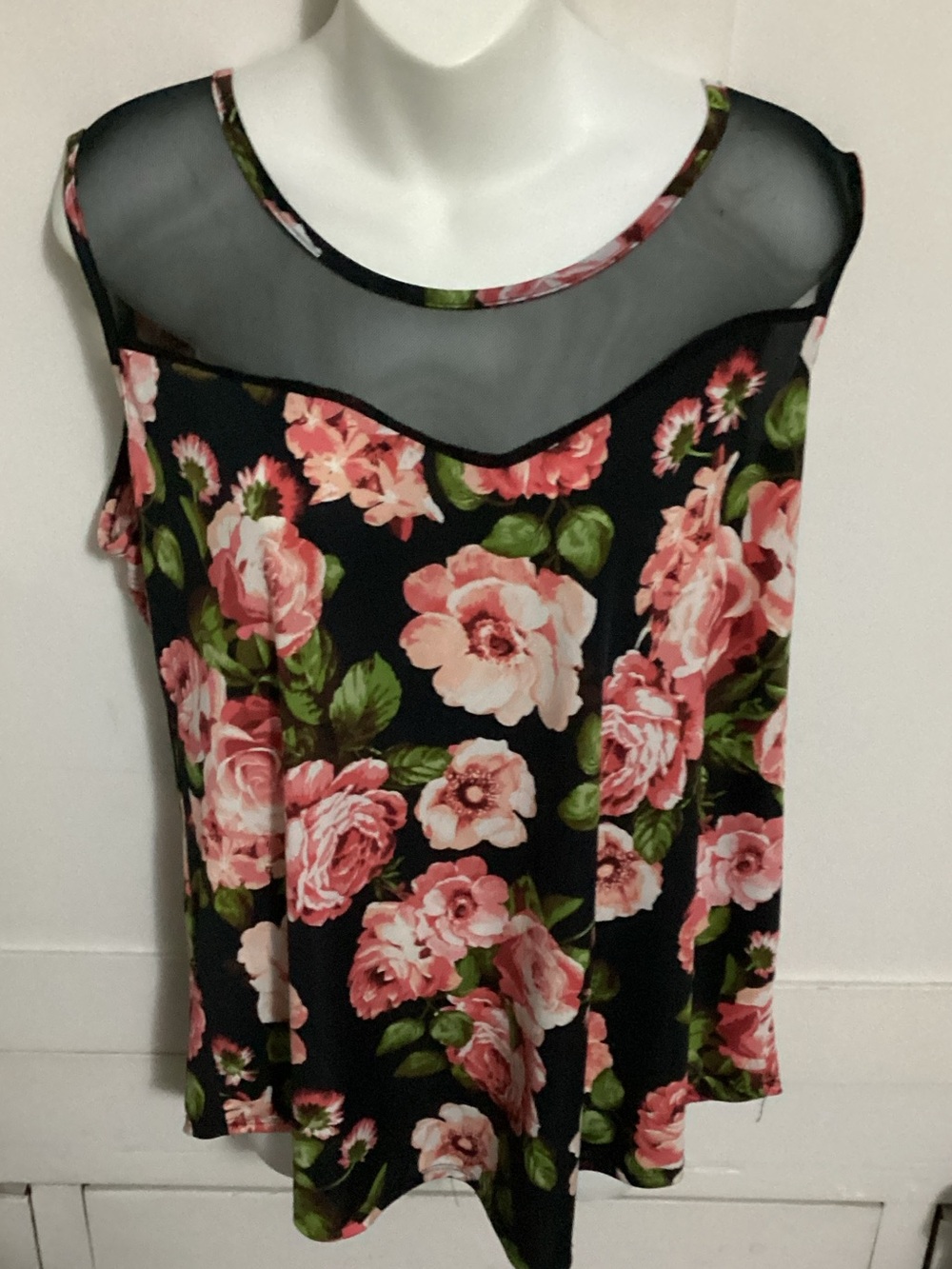 Floral Mesh Yoke Camisole - Black with Pink Rose Print Size 1X